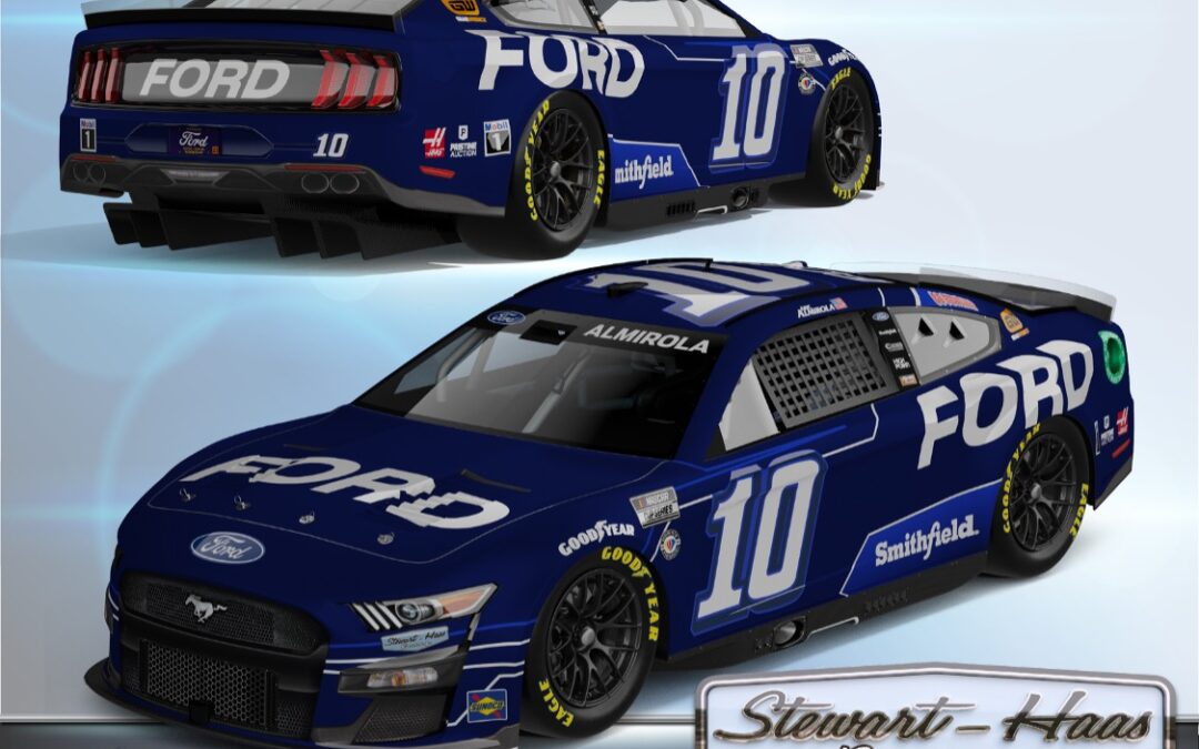 Blue #10 Ford Mustang to be drive by Aric Almirola at Indianapolis Motor Speedway August 13, 2023